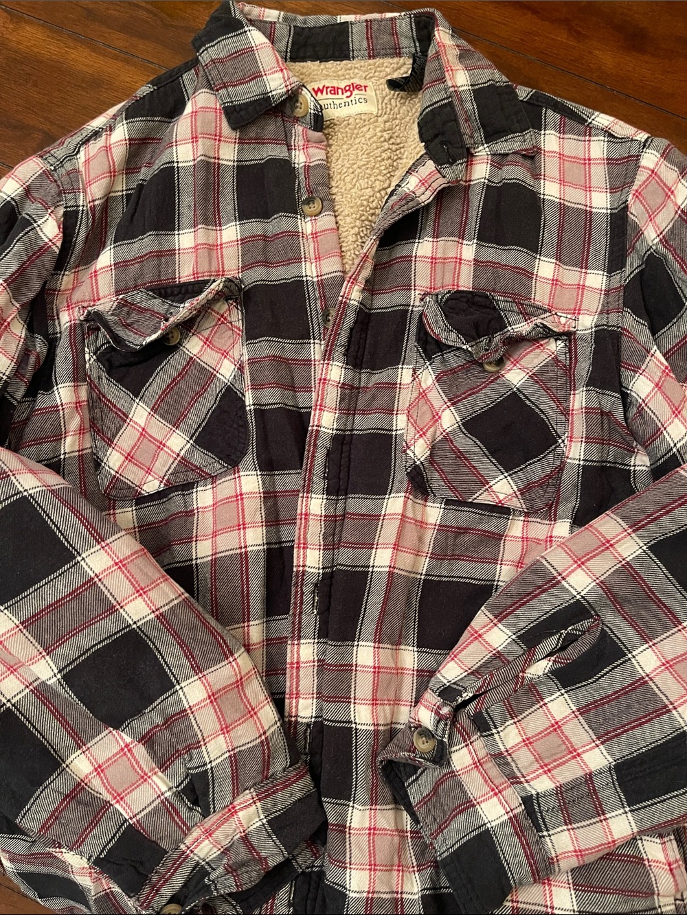 Wrangler Plaid Sherpa-Lined Shirt Jacket - Black, Cream & Red